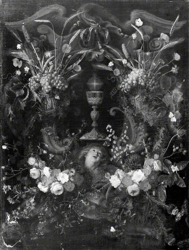 A Garland of Flowers Surrounding a Cartouche Containing an Angel's Head and the Holy Sacrament, detail