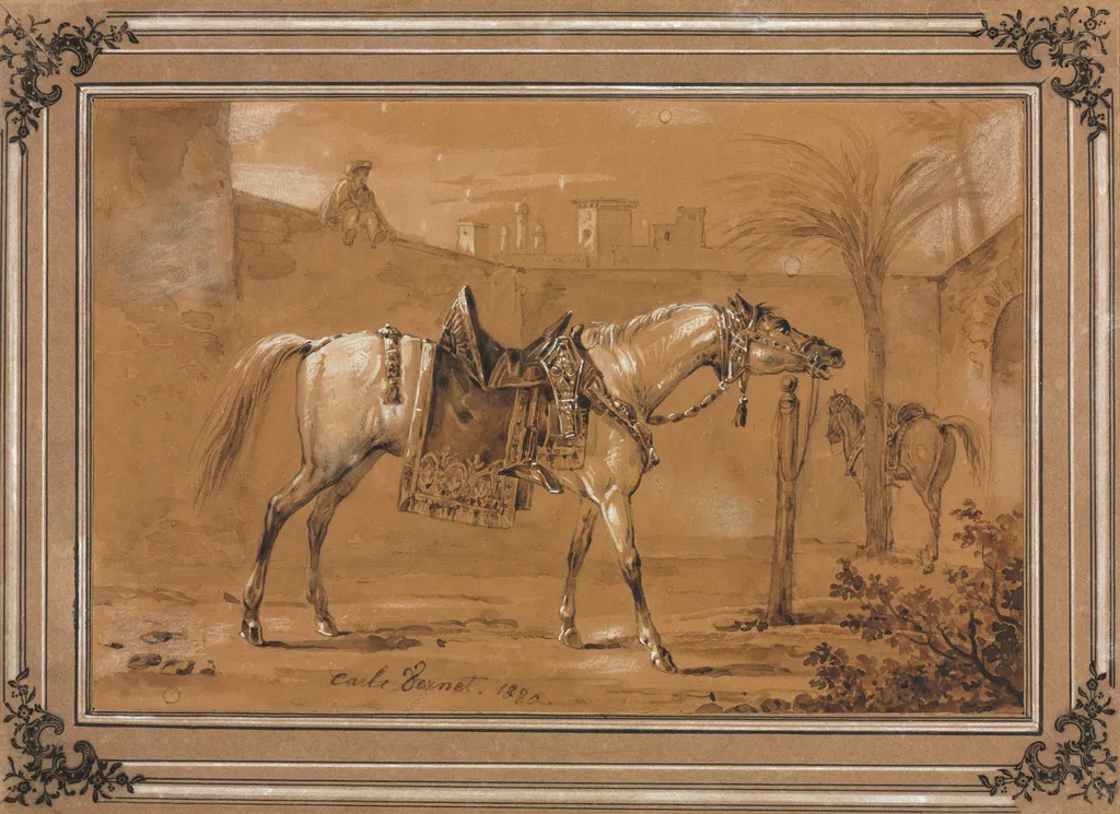 Saddled Arabian Horse in Courtyard, by Carle Vernet, 1820