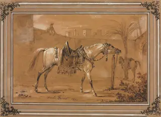Saddled Arabian Horse in Courtyard, by Carle Vernet, 1820