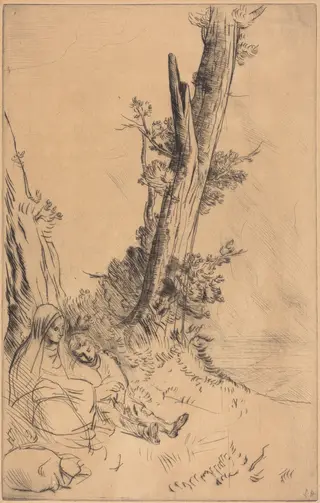 Travelers Resting (Les voyageurs fatigues), by Alphonse Legros, ink, 1874