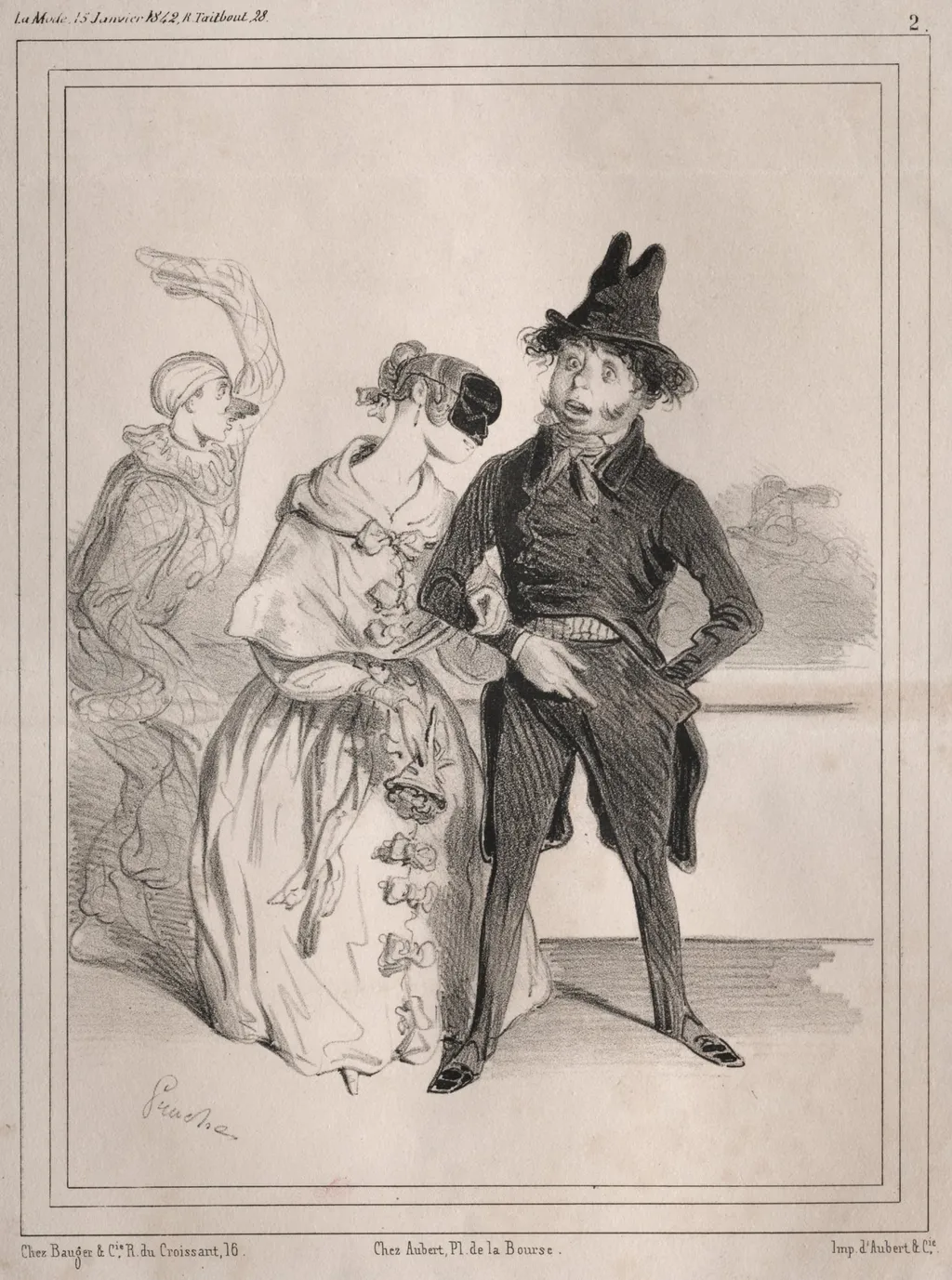 Pochades de carnaval:  C'est singulier! elle me dit que je suis Philibert Désormeaux, et que je passe pour un imbecile!! ....où diable à-t-elle sù cela?, by Clémente Pruche, 1842