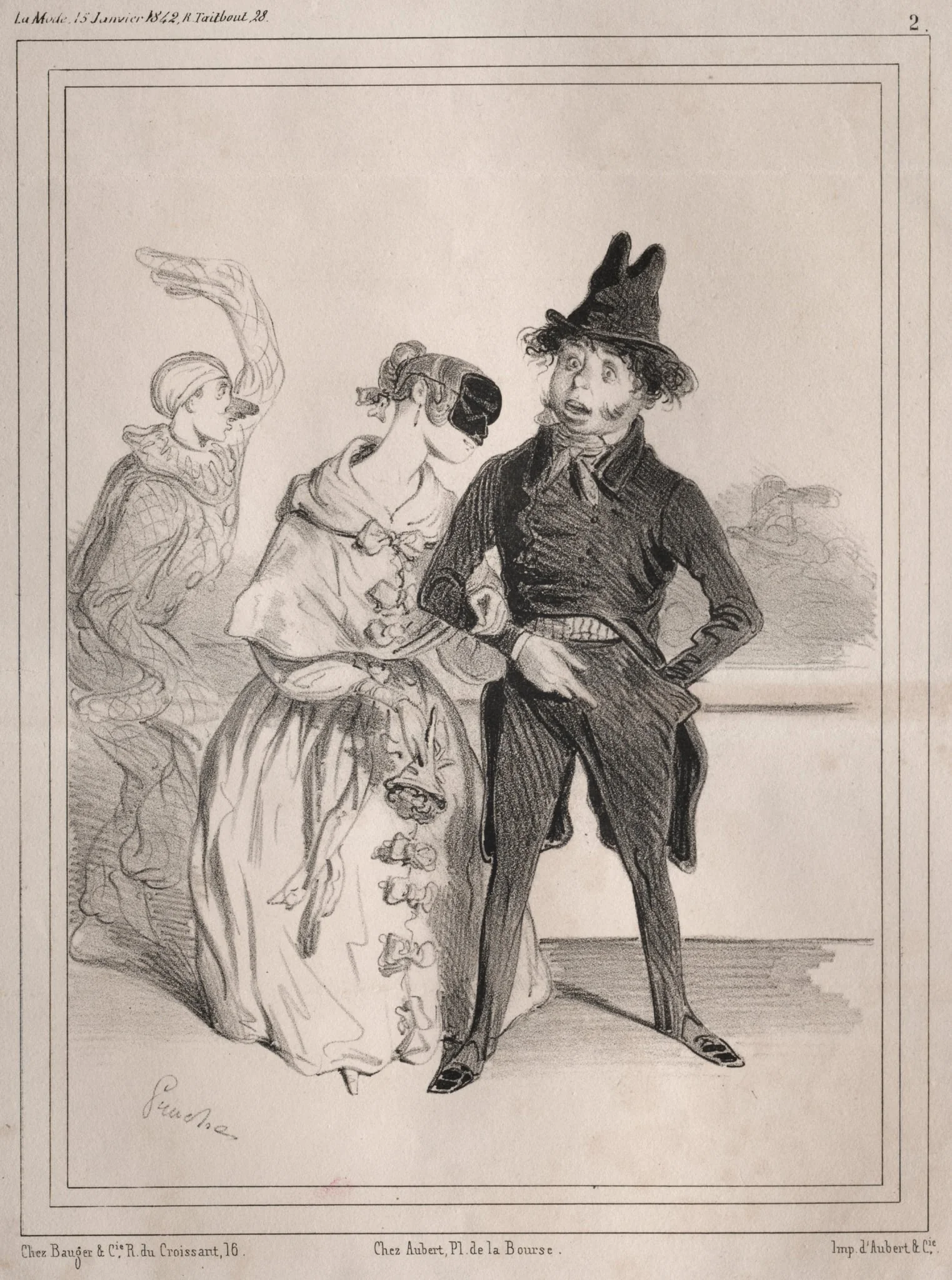 Pochades de carnaval: C'est singulier! elle me dit que je suis Philibert Désormeaux, et que je passe pour un imbecile!! ....où diable à-t-elle sù cela?, detail