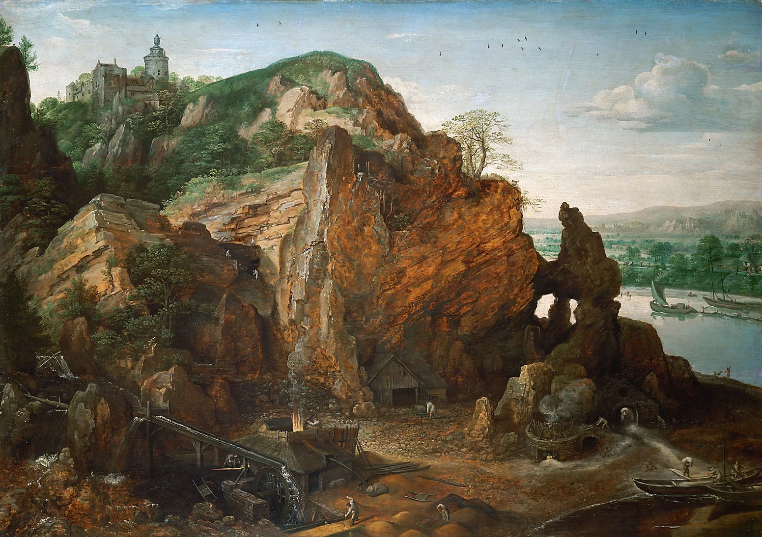 Maaslandschaft mit Bergwerk und Schmelzhütten, detail