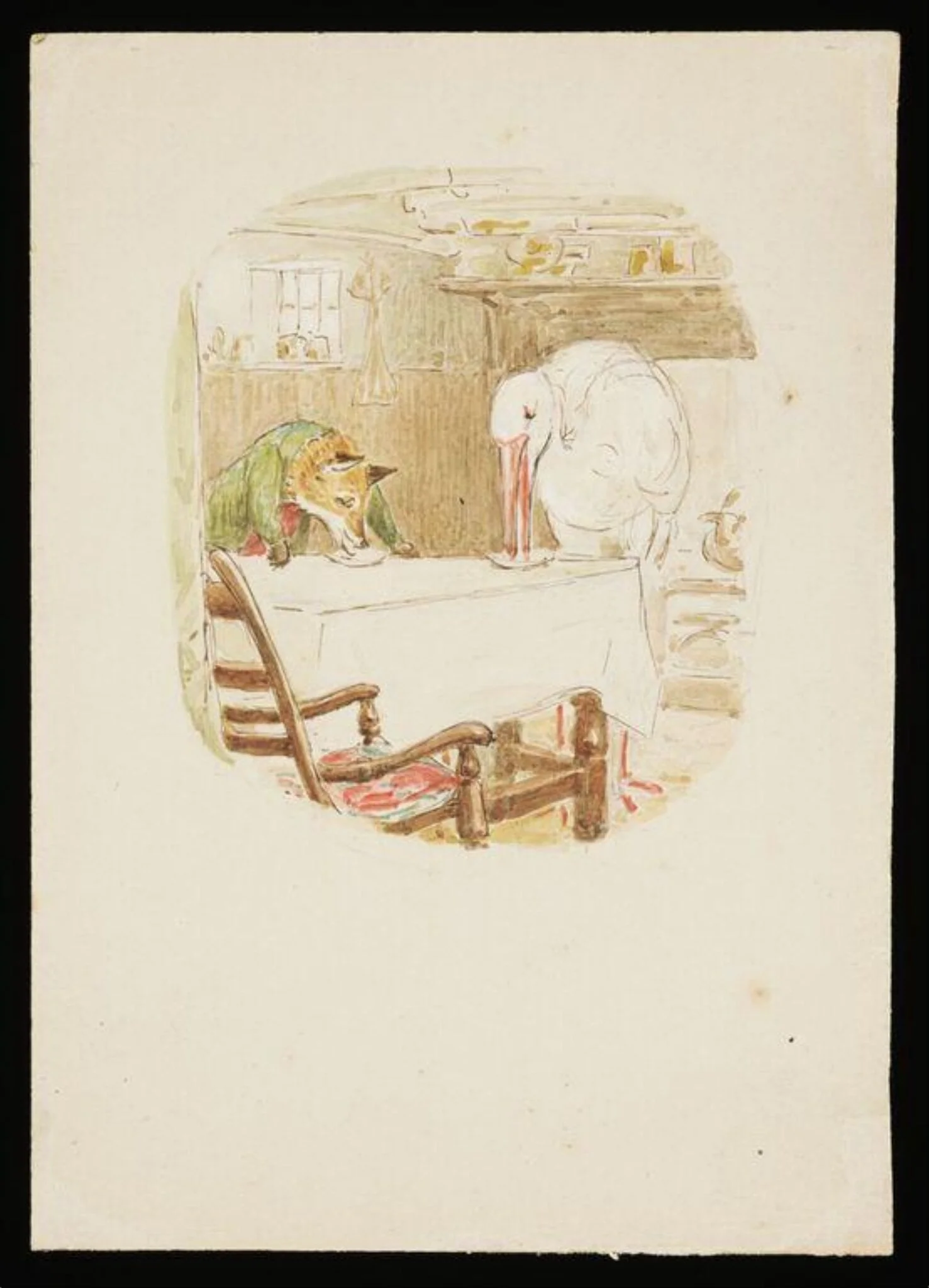 The fox and the stork eating a meal, detail