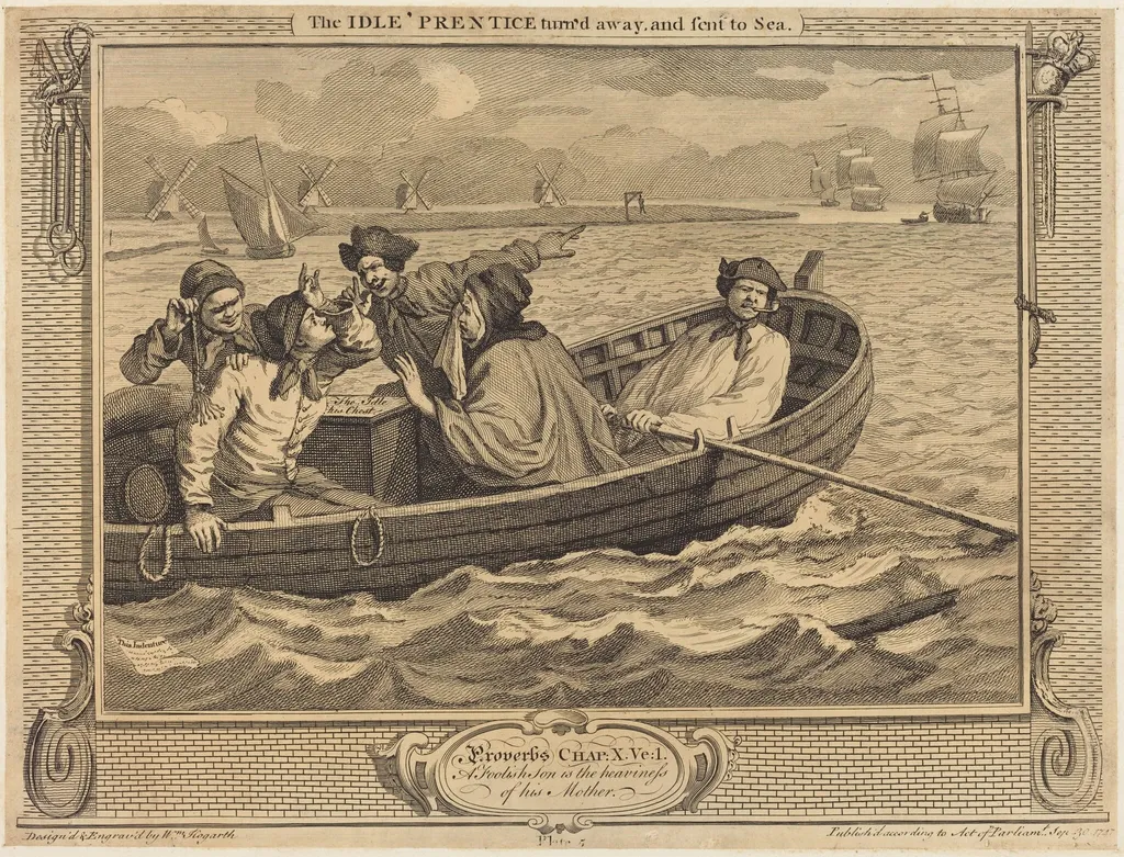 The Idle 'Prentice turn'd away, and sent to Sea, by William Hogarth, ink, 1747