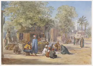 Egyptian Village Scene, by Henry RI Pilleau, watercolor, 1869