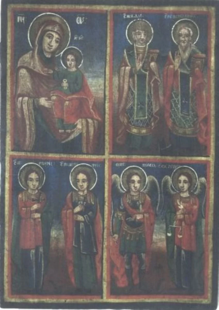Maica Domnului cu Pruncul Hodighitria (Călăuzitoarea), Sfinții Nicolae și Haralambie, Sfinții mucenici Gheorghe și Dimitrie și Arhanghelii Mihail și Gavril, detail