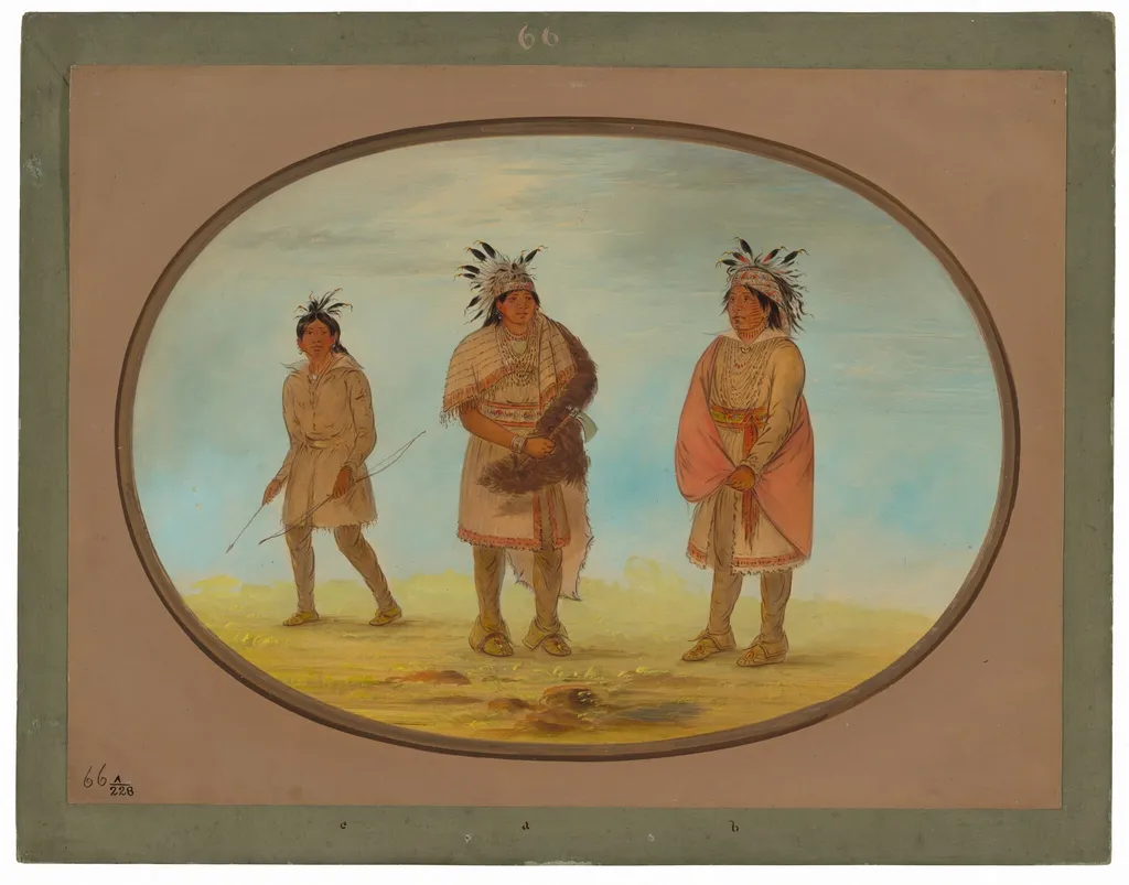 Two Weeah Warriors and a Woman, by George Catlin, oil, 1865
