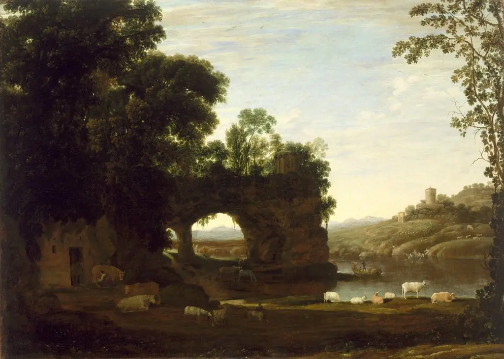 Landscape with a Rock Arch and River, by Claude Lorrain, oil, 1650
