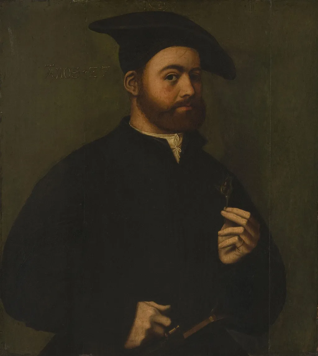 Portrait of a Man Holding a Rose, by Ambrosius Benson, oil, 1525
