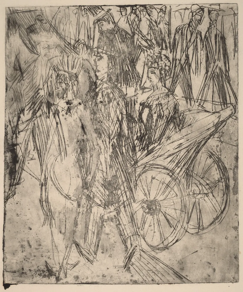 Couple in Front of a Carriage, by Ernst Ludwig Kirchner, ink, 1914
