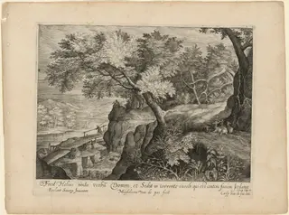 Landscape with Elijah Perching on a Rocky Outcrop in the Distance, by Magdalena van de Passe, ink, 1624