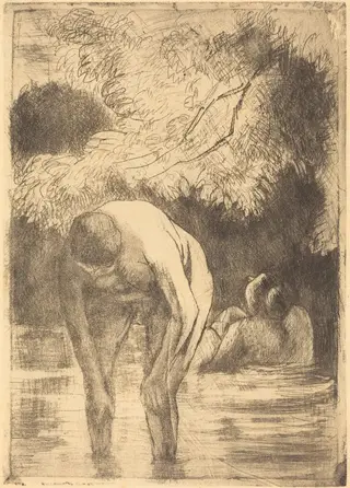 Two Women Bathing (Les deux baigneuses), by Camille Pissarro, ink, 1895