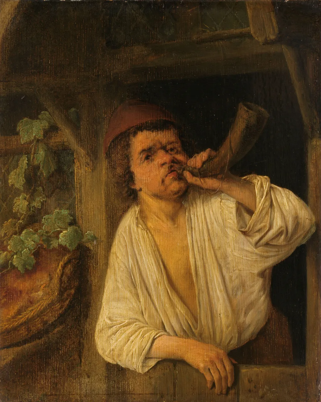 A baker blowing his horn, by Adriaen van Ostade, oil, 1650