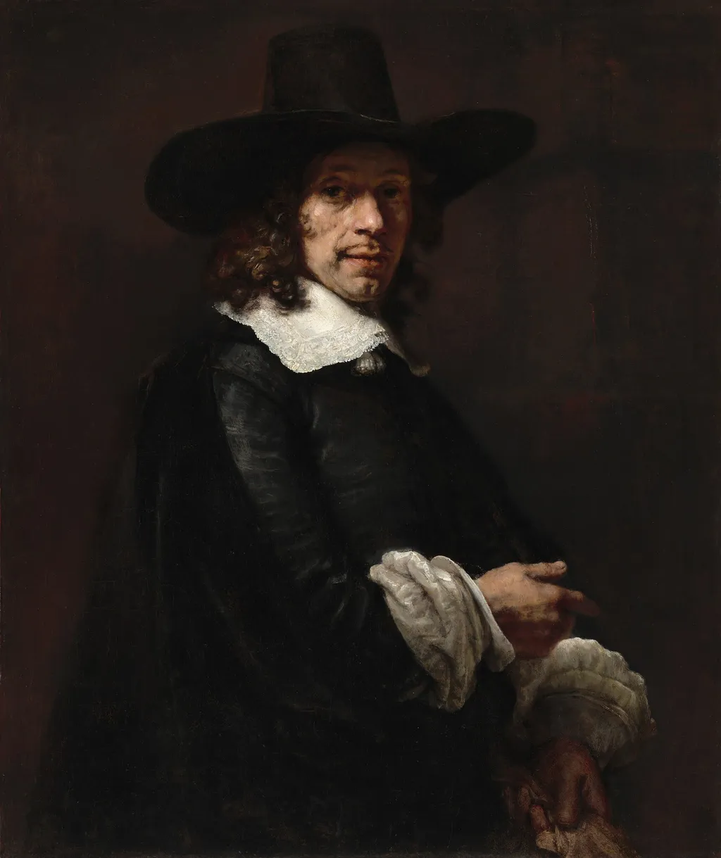 Portrait of a Gentleman with a Tall Hat and Gloves, by Rembrandt van Rijn, oil, 1657