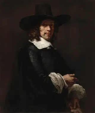 Portrait of a Gentleman with a Tall Hat and Gloves, by Rembrandt van Rijn, oil, 1657