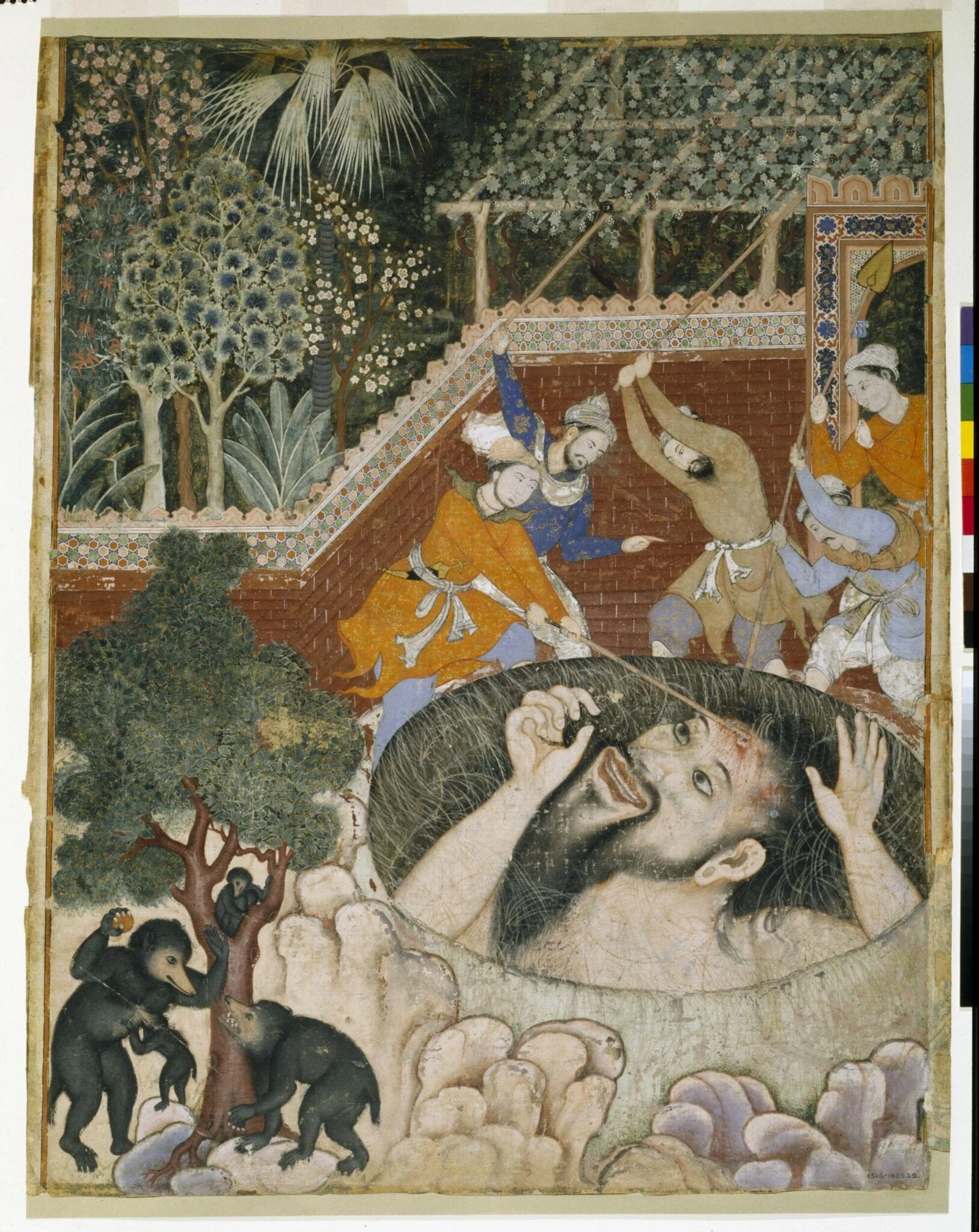 Zumrud Shah falls into a pit and is beaten by gardeners, detail