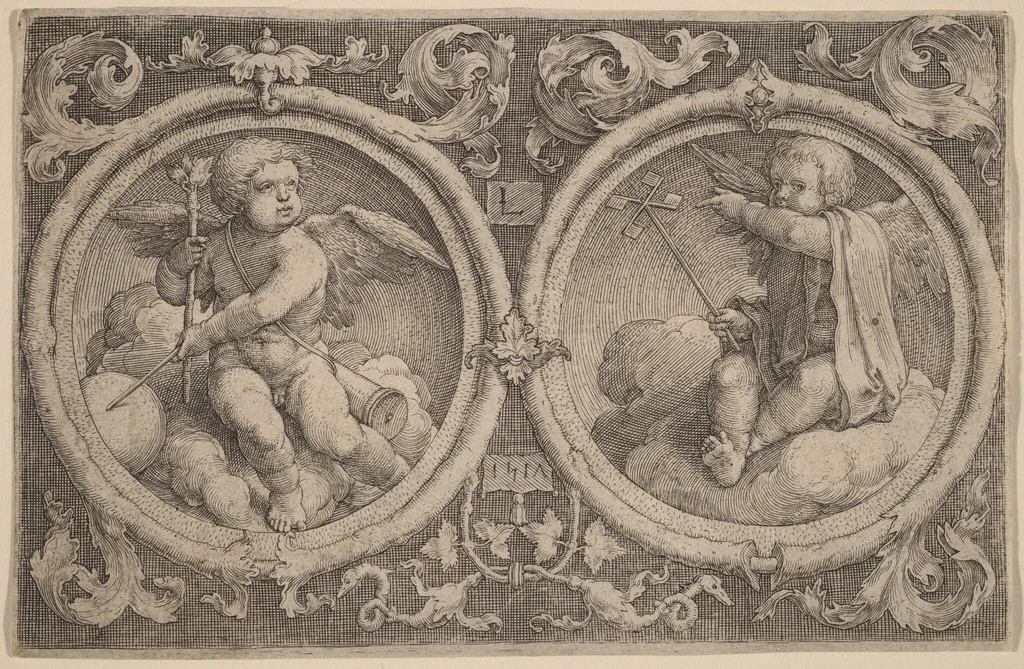 Two Cupids Seated on Clouds in Two Circles, by Lucas van Leyden, ink, 1517