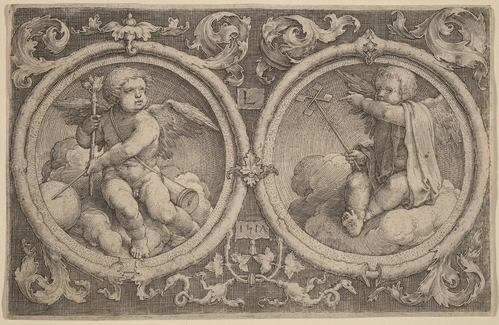 Two Cupids Seated on Clouds in Two Circles, detail