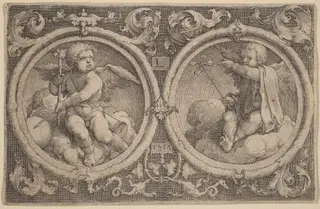 Two Cupids Seated on Clouds in Two Circles, by Lucas van Leyden, ink, 1517
