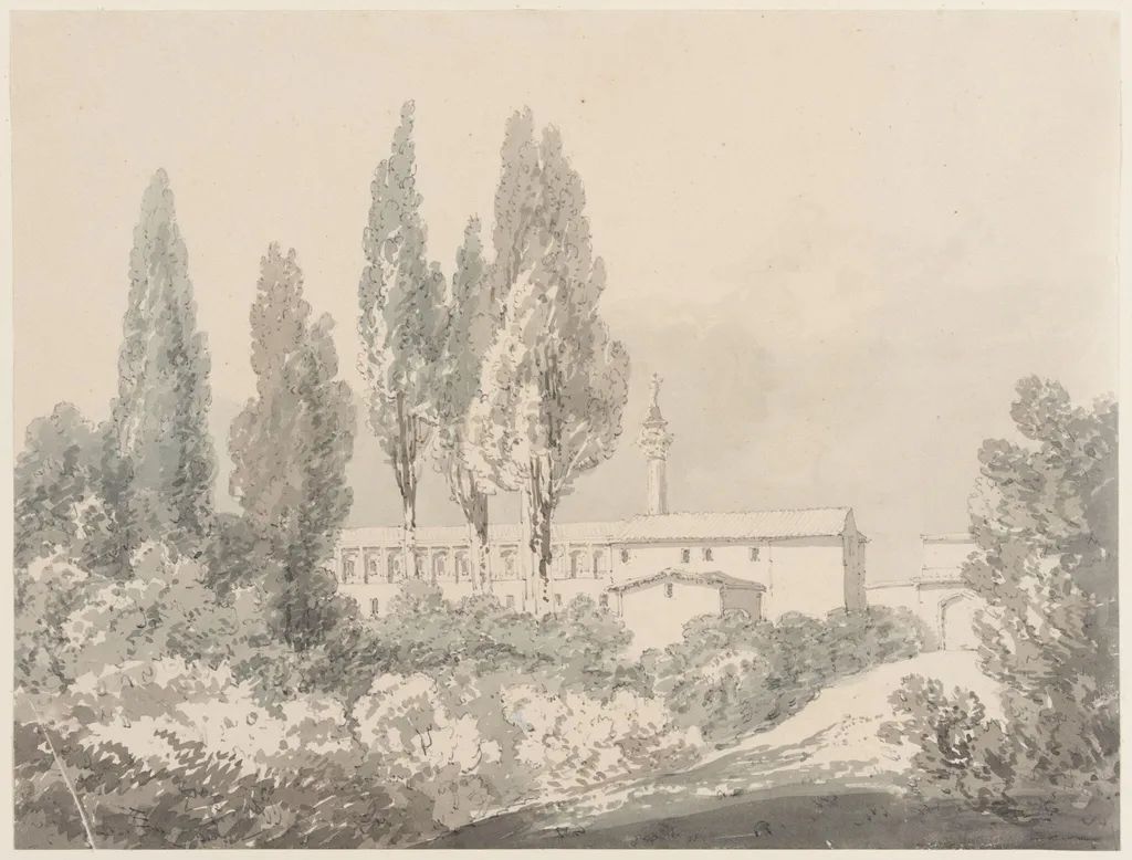 Landscape with Trees, Italian Buildings and Column, by Joseph Mallord William Turner, watercolor, 1800
