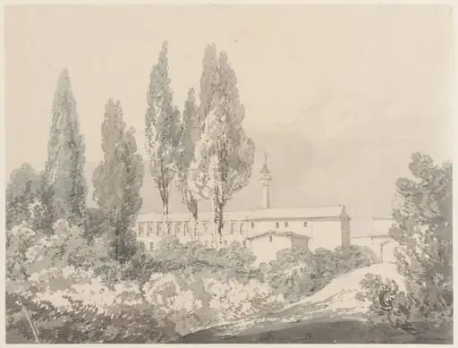 Landscape with Trees, Italian Buildings and Column, by Joseph Mallord William Turner, watercolor, 1800