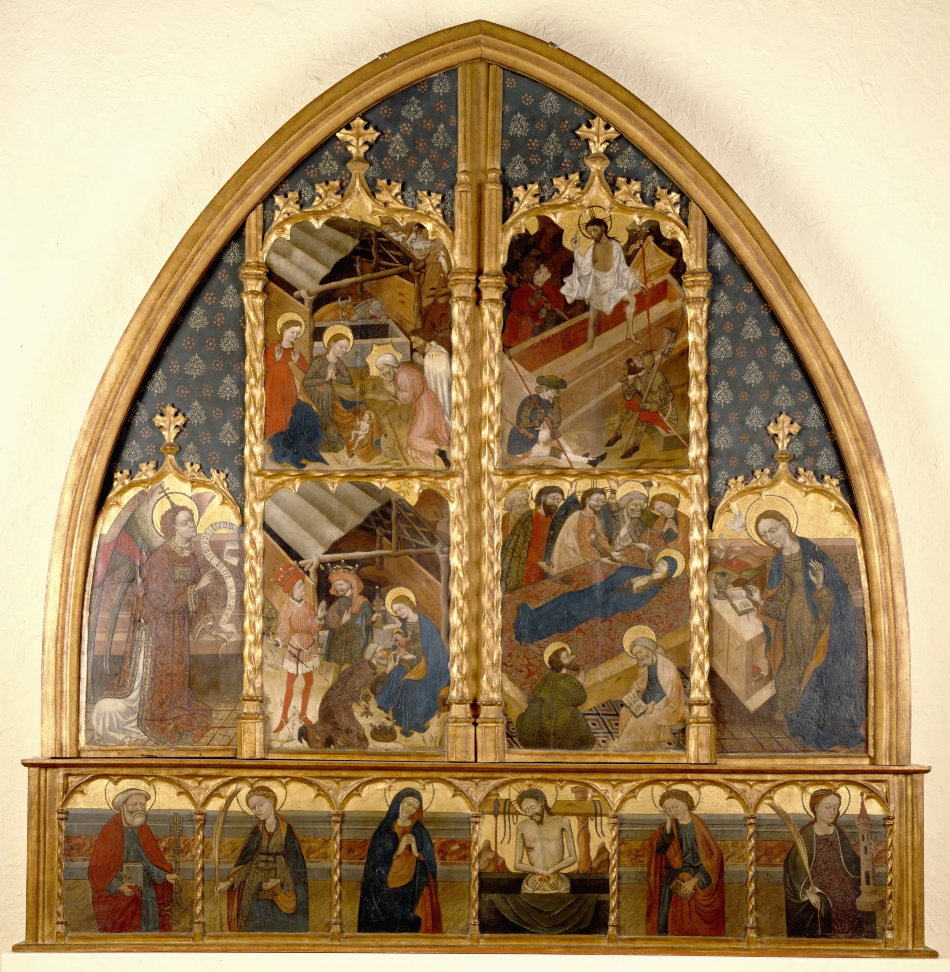 Nativity, Annunciatory Angel, Adoration of the Magi, Resurrection, Death of the Virgin, The Annunciate, Saints Peter and Lucy, Virgin Mary, Resurrected Christ, Saints John and Barbara, detail