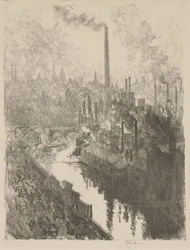 English War Work:  The Great Chimney, The Motor Park, by Joseph Pennell, 1916