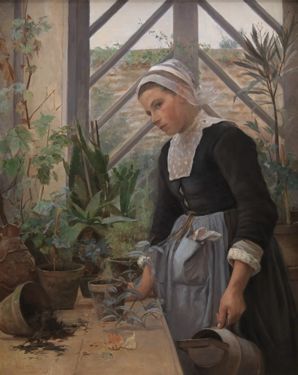 Breton Girl Looking After Plants in the Hothouse, by Anna Petersen, oil, 1892