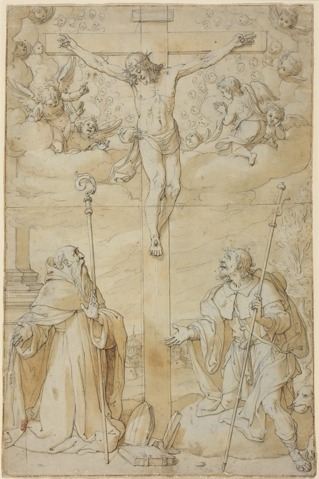 The Crucifixion with Saints Roch and Augustine, by Filippo Bellini, ink, 1577