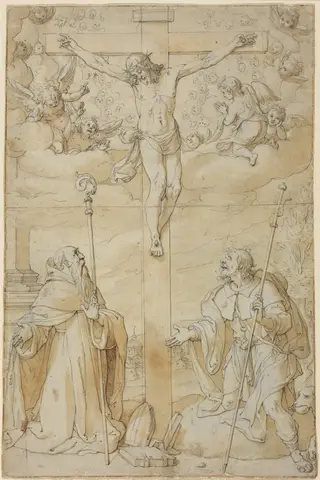 The Crucifixion with Saints Roch and Augustine, by Filippo Bellini, ink, 1577
