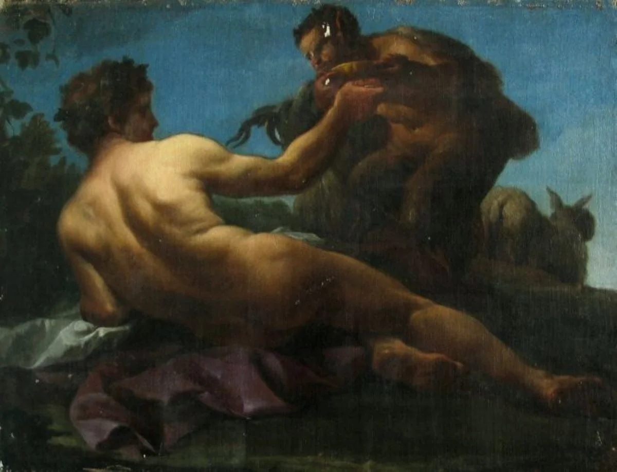 Satir oferind o cană de must lui Bacchus, detail