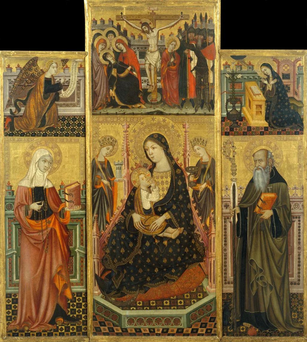 Altarpiece of the Virgin Suckling the Child, Saint Clare and Saint Anthony the Abbott, by Llorenç Saragossa, tempera, 1400