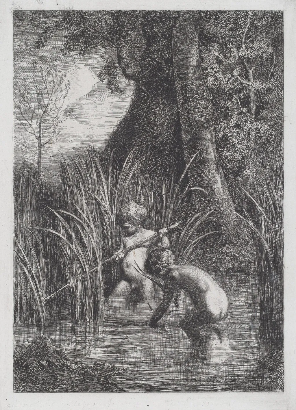 Fishing [La pesca], by Antonio Fontanesi, ink
