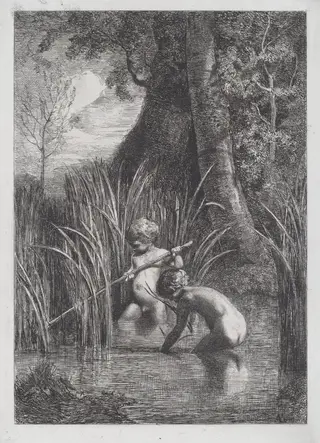 Fishing [La pesca], by Antonio Fontanesi, ink