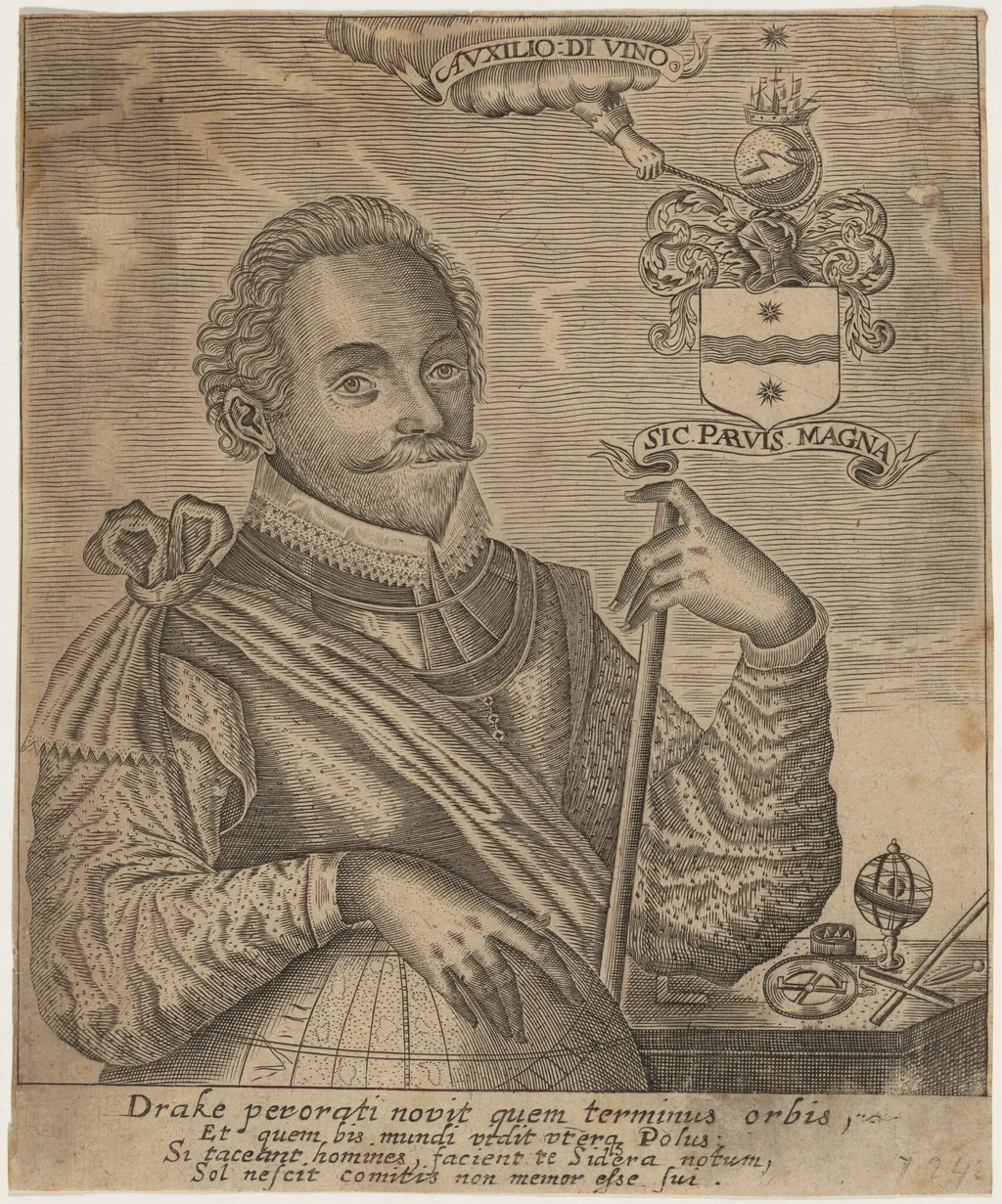 Sir Francis Drake, by Robert Vaughan, ink, 1640