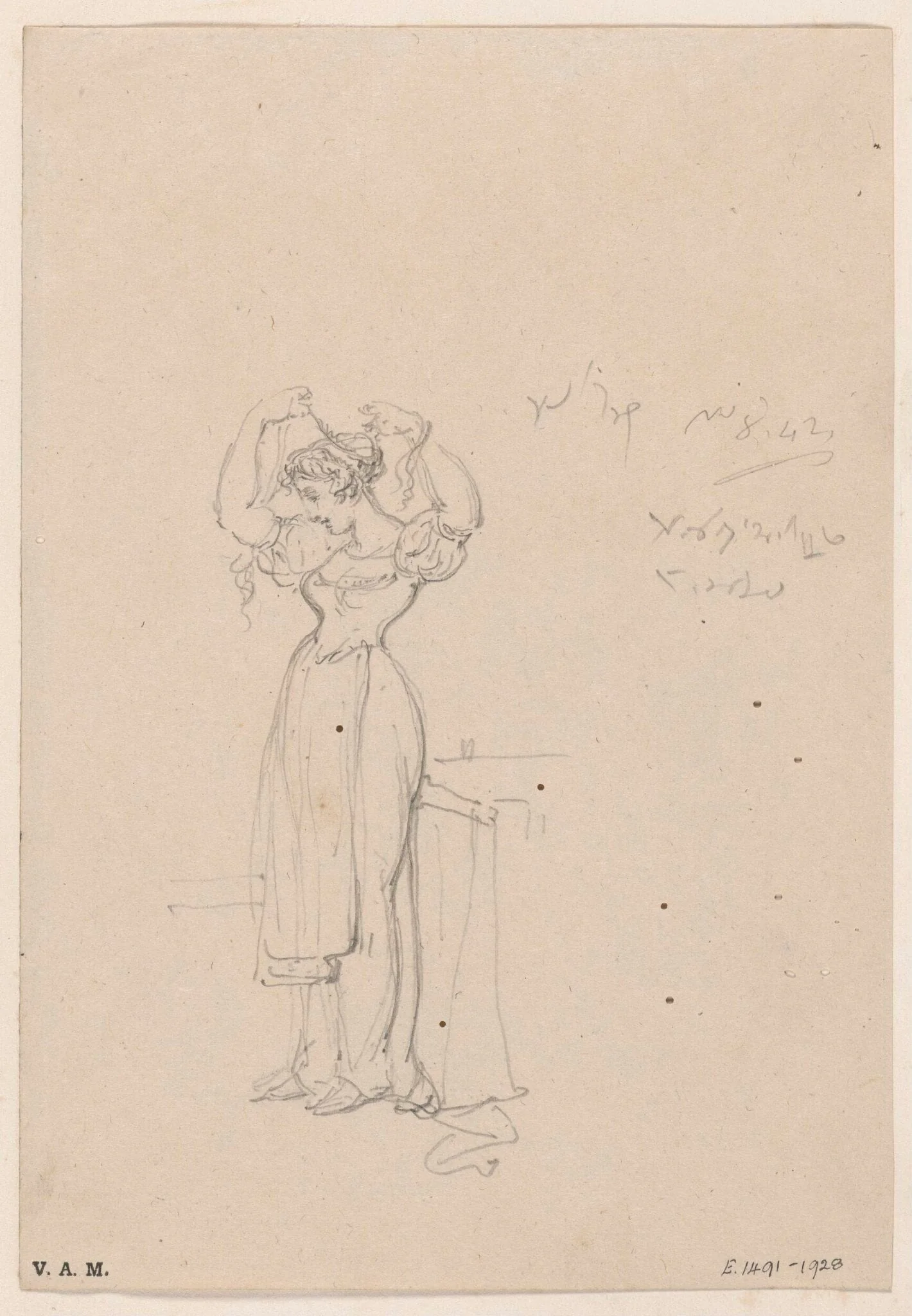 A young Western woman arranging her hair, detail