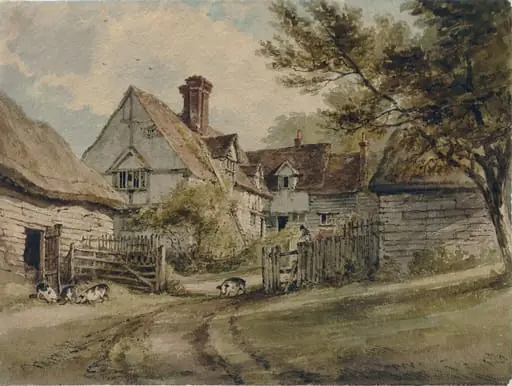 Farmhouse with Pigs, by Henry RA Edridge, watercolor, 1811