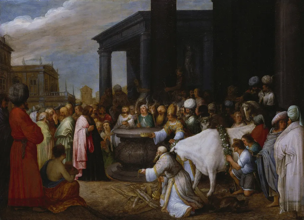 Paul and Barnabas are worshiped as gods in Lystra, by Adriaen van Stalbemt, oil, 1650