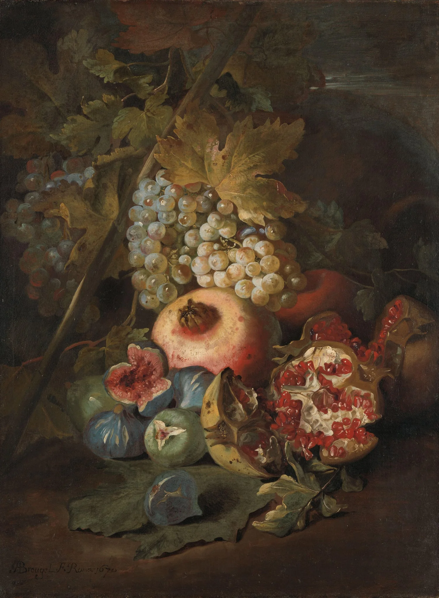 Bunches of Grapes, Pomegranates and Figs in a Landscape, detail