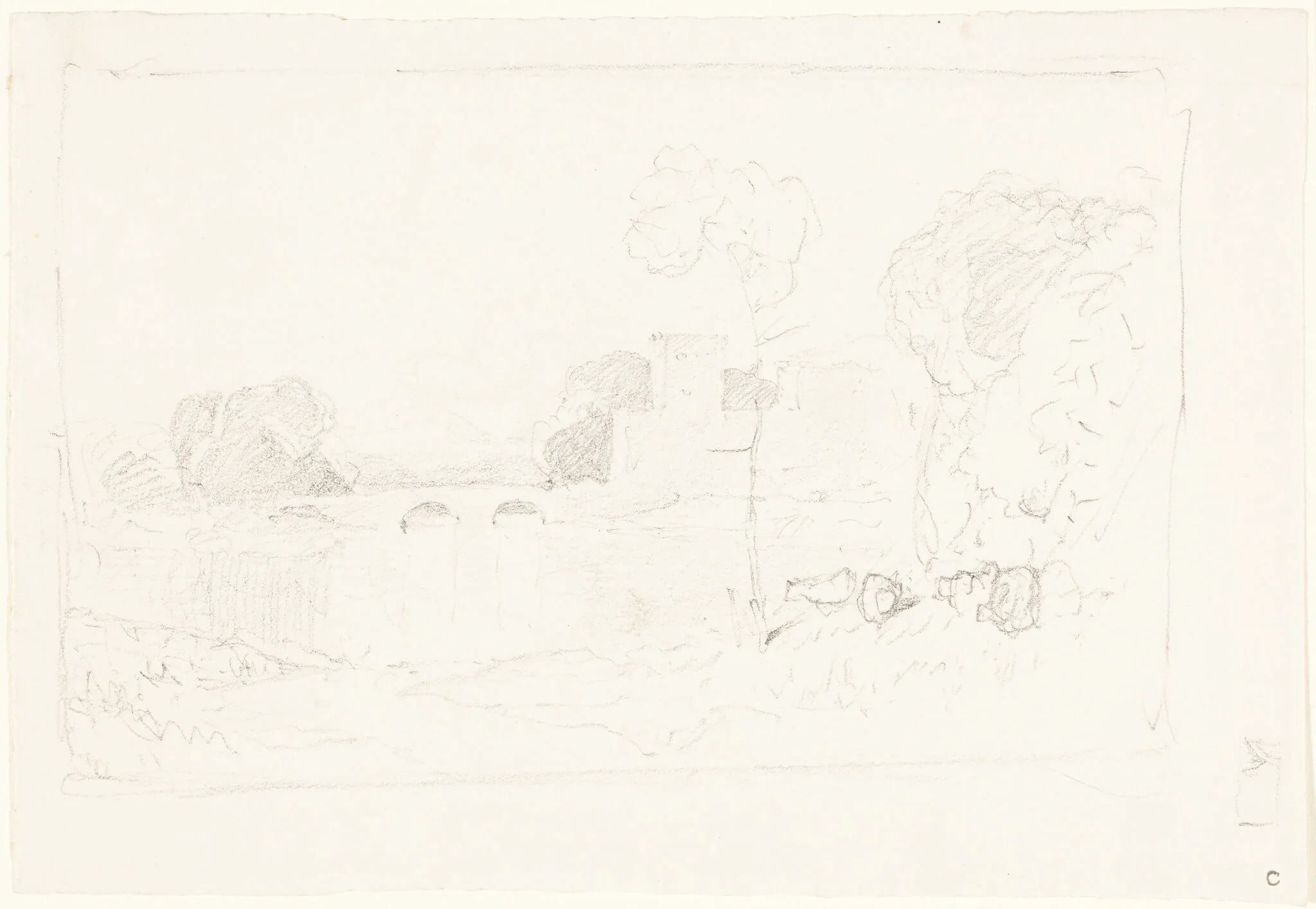 Landscape Sketch with Bridge and Castle, detail