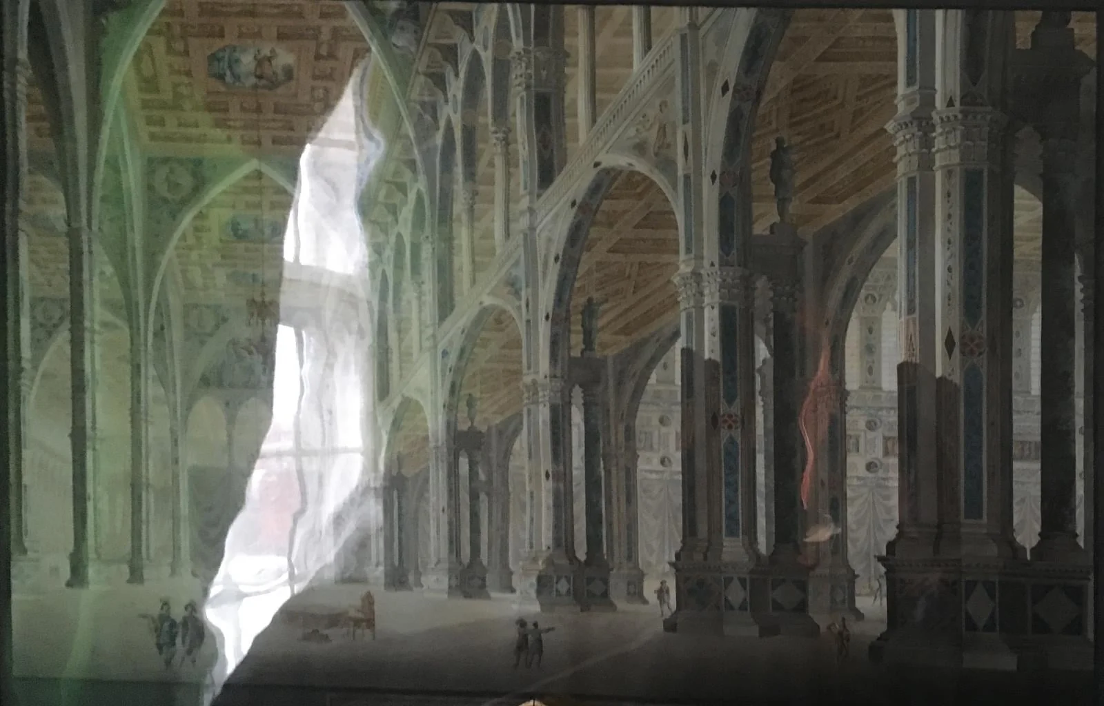 Teaterdekoration: En stor sal, hvori et bord i midten med underskrift: Grande Salle Royale Gothigue d'Audience., detail