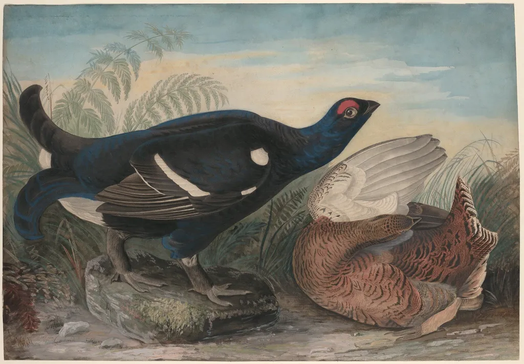 English Black Cocks, by John James Audubon, gouache, 1828