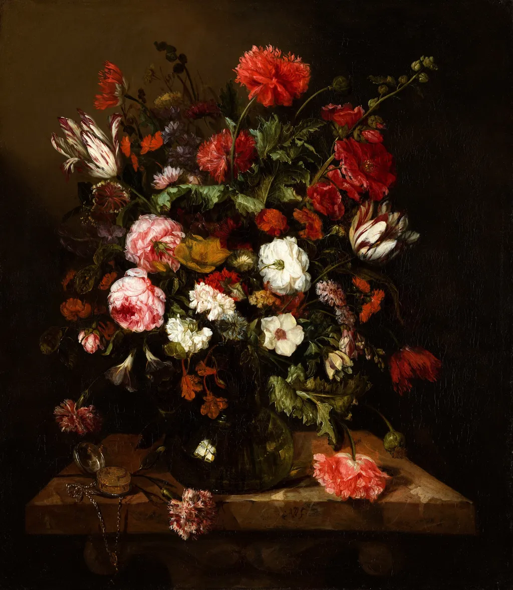 Flower Still Life with a Timepiece, by Abraham van Beijeren, oil, 1663