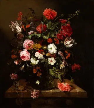 Flower Still Life with a Timepiece, by Abraham van Beijeren, oil, 1663