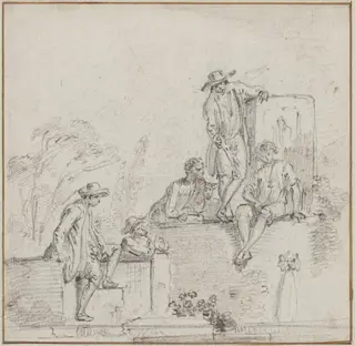 Figures Seated Around a Fountain, by Jean-Baptiste Lallemand, chalk, 1755