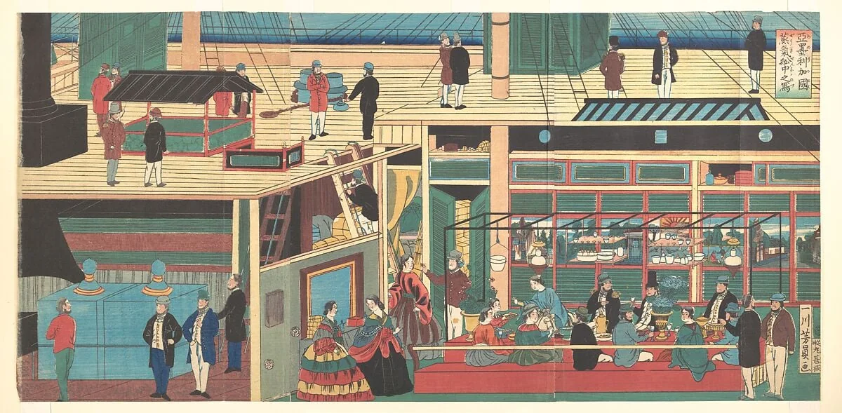 Amerika koku jōkisen naka no zu|Interior of an American Steamship, detail