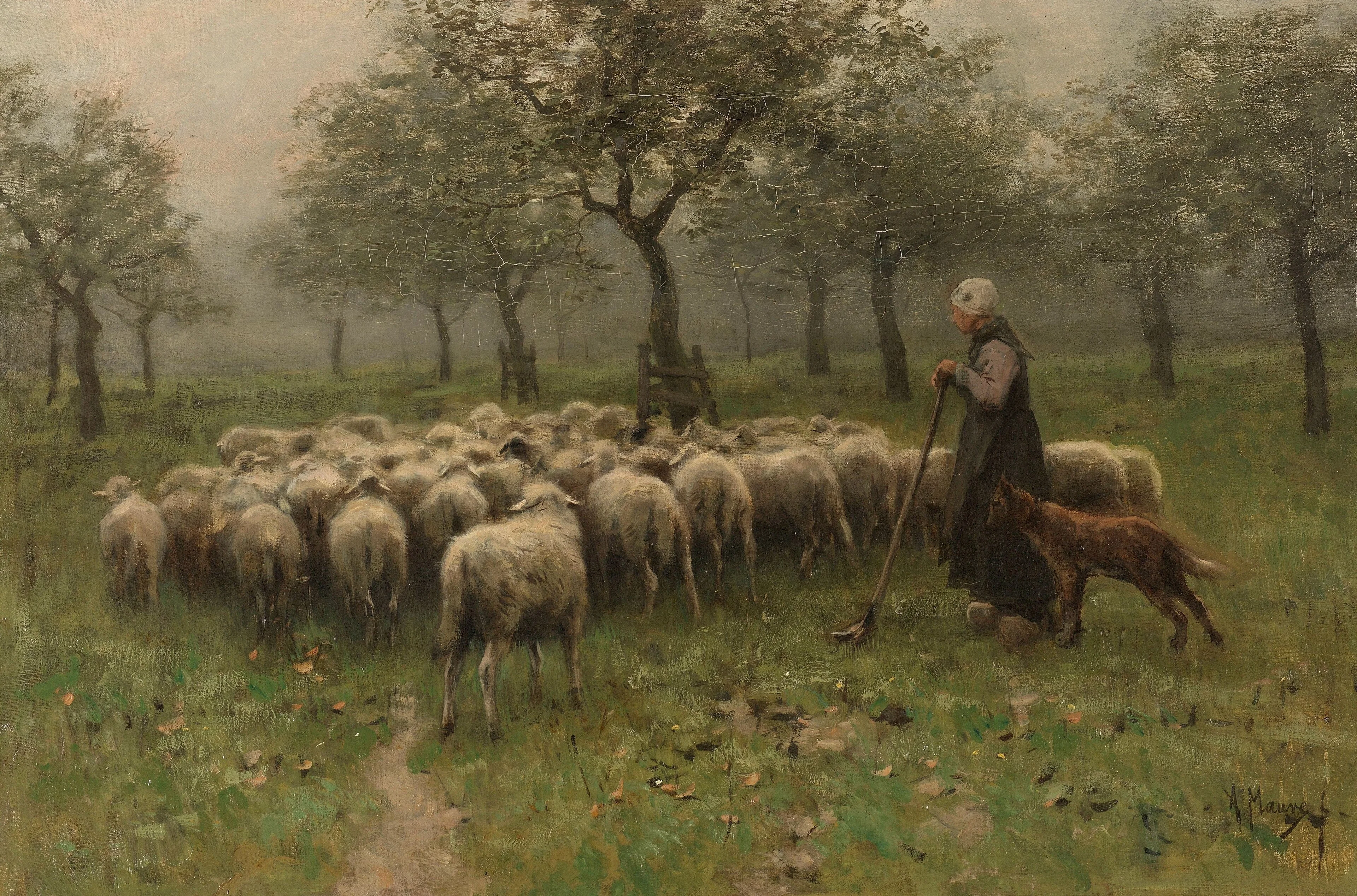 Shepherdess with a Flock of Sheep, detail