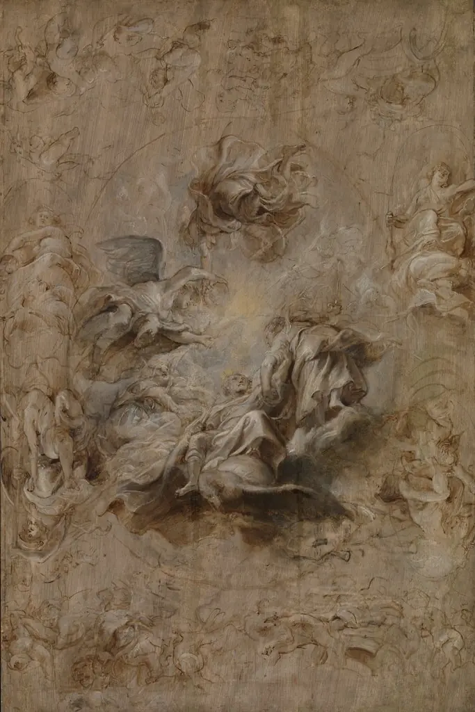 Multiple Sketch for the Banqueting House Ceiling, by Peter Paul Rubens, oil, 1629