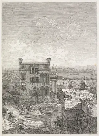 Views:  A House Surrounded by Six Columns, by Canaletto, 1740